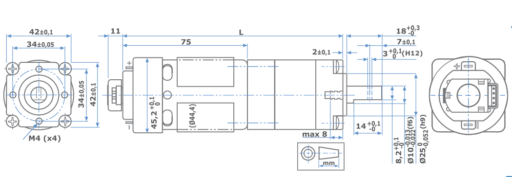 Abmessung MicroMotors P205 mit Encoder 2x3 Pulse